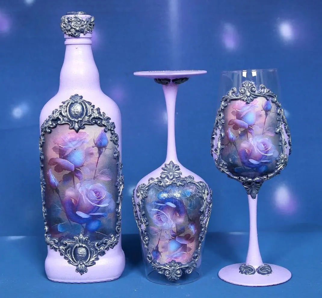 Luxury Wine Set - Roses in Blue-Purple Palette
