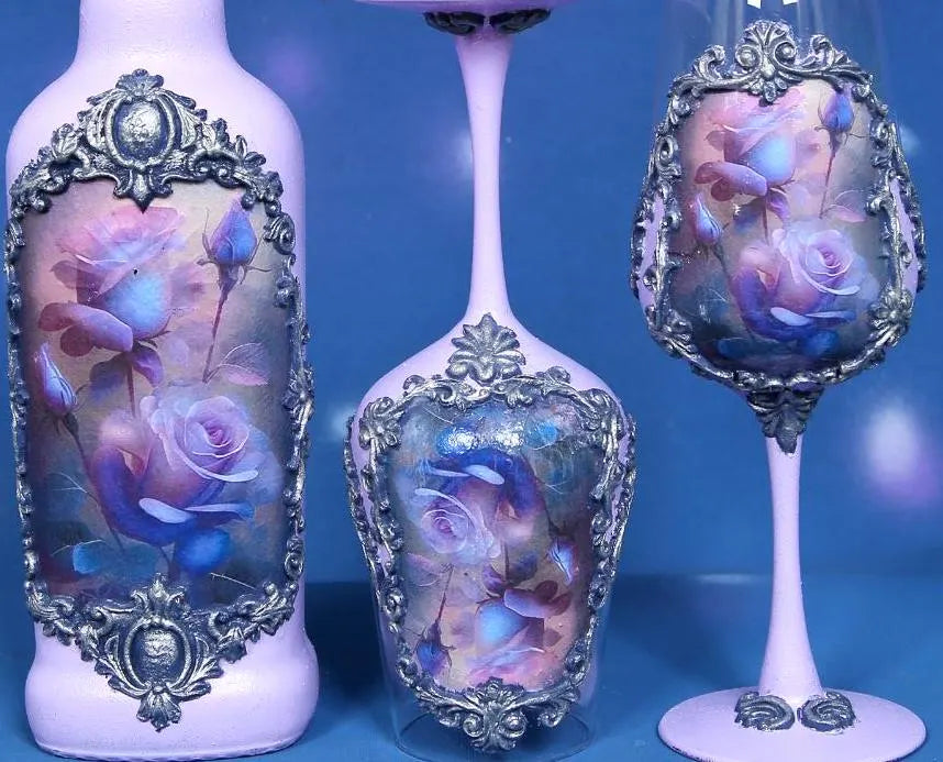 Luxury Wine Set - Roses in Blue-Purple Palette