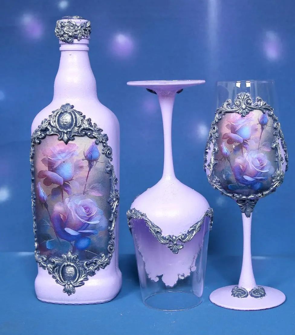 Luxury Wine Set - Roses in Blue-Purple Palette