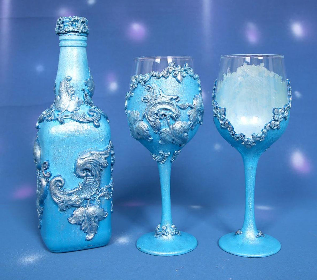 Luxury Ocean Blue Metallic Wine Set - Handcrafted Bottle & 2 Glasses with Silver Baroque Ornaments