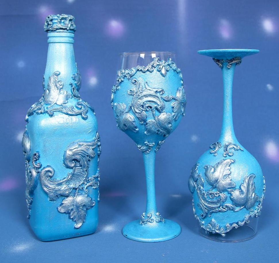 Luxury Ocean Blue Metallic Wine Set - Handcrafted Bottle & 2 Glasses with Silver Baroque Ornaments