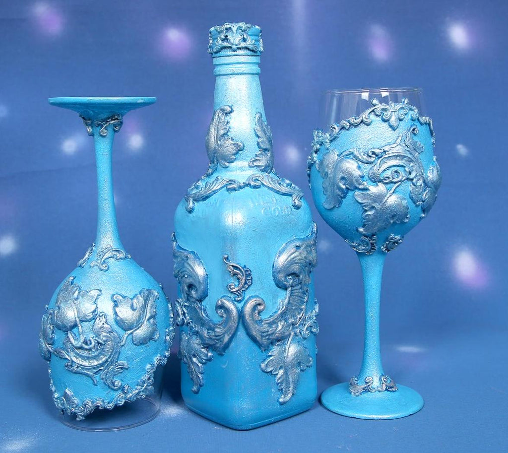 Luxury Ocean Blue Metallic Wine Set - Handcrafted Bottle & 2 Glasses with Silver Baroque Ornaments