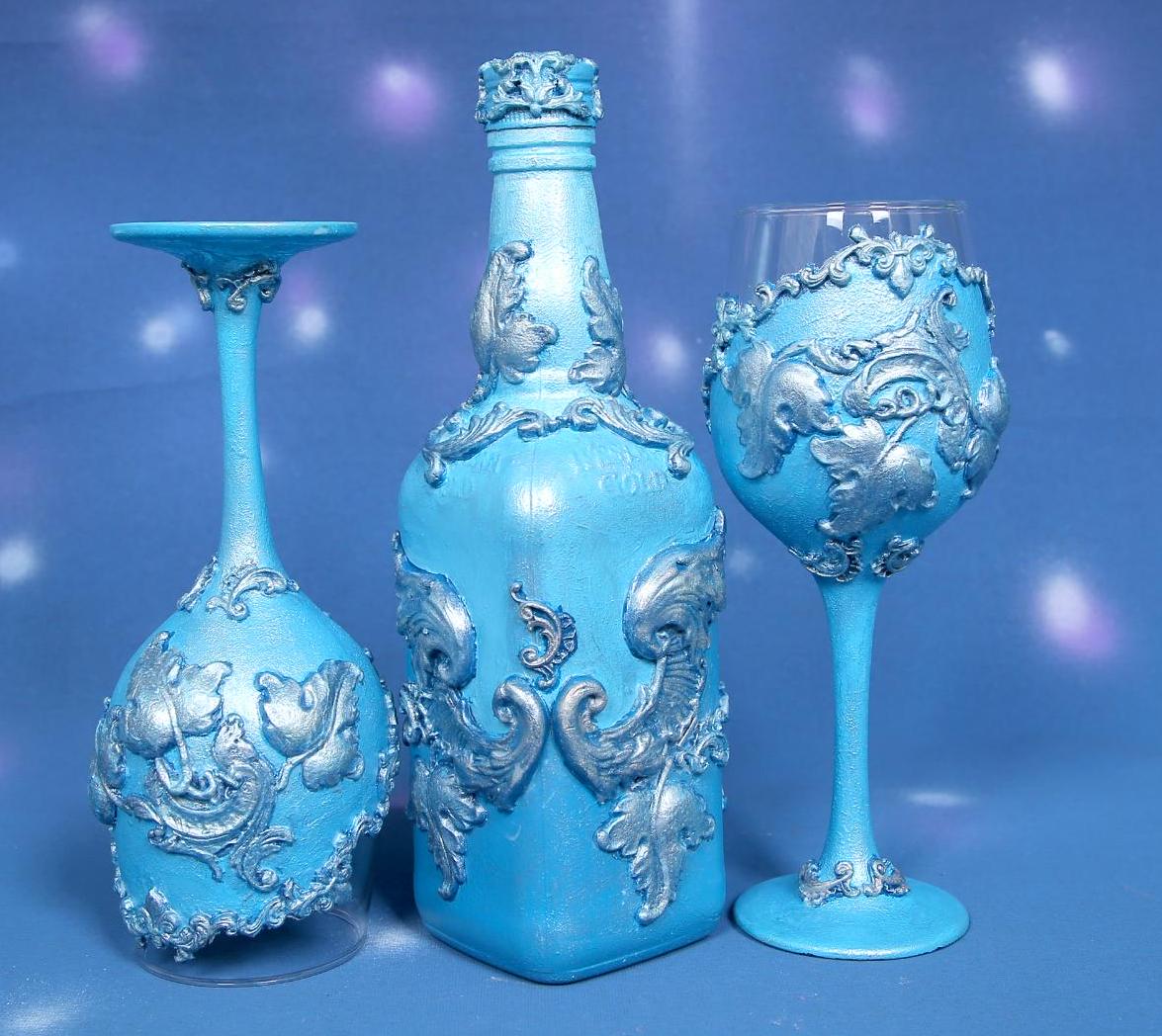 Luxury Ocean Blue Metallic Wine Set - Handcrafted Bottle & 2 Glasses with Silver Baroque Ornaments