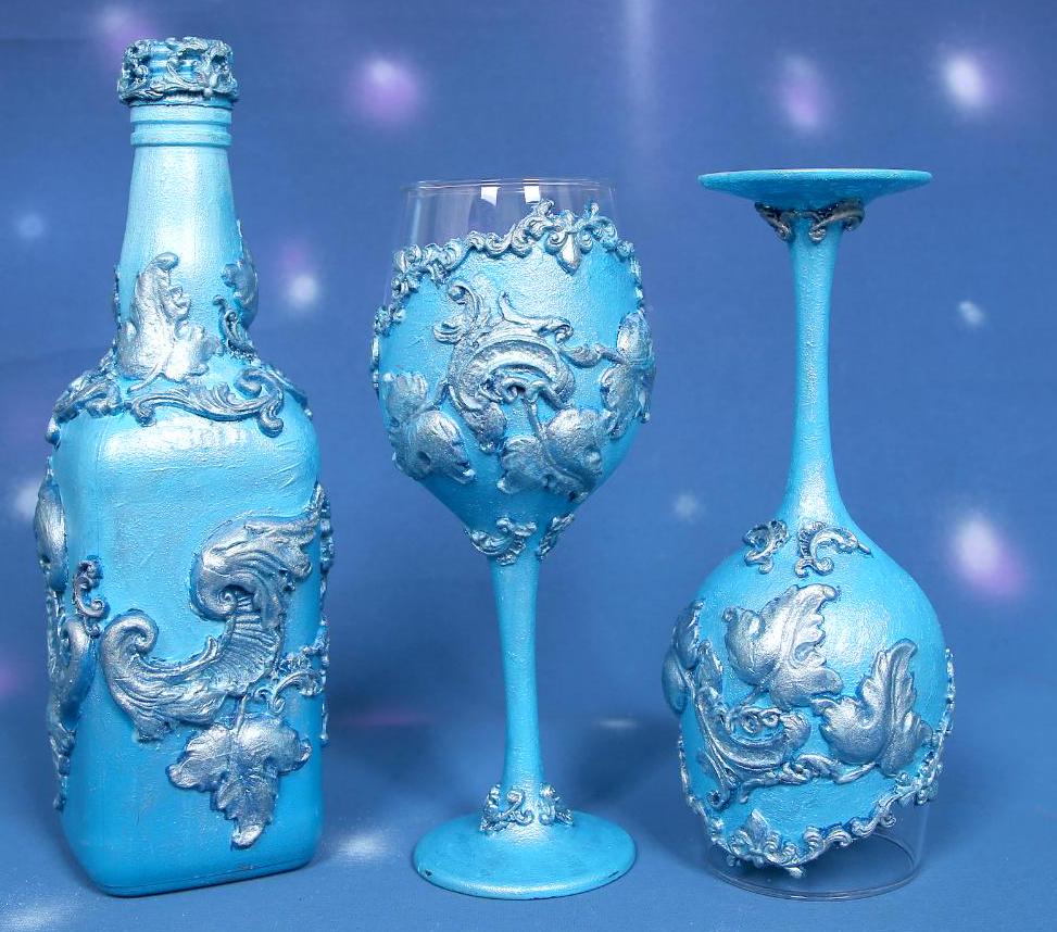 Luxury Ocean Blue Metallic Wine Set - Handcrafted Bottle & 2 Glasses with Silver Baroque Ornaments