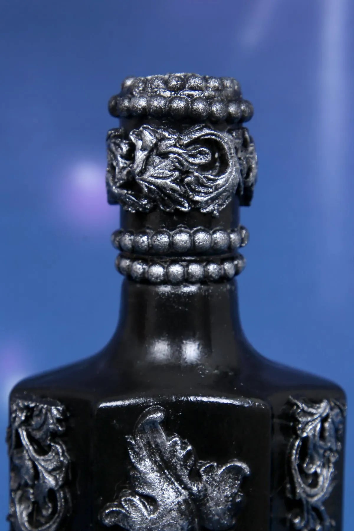 Gothic Baroque Decorated Bottle - Black & Silver Handcrafted Art