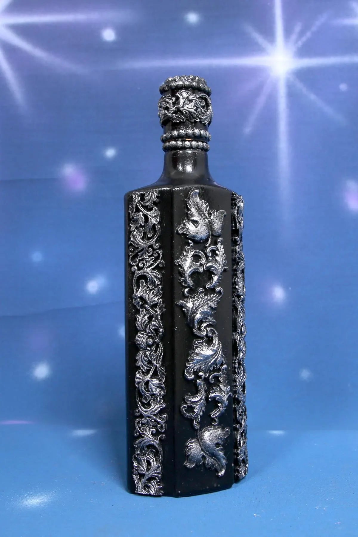 Gothic Baroque Decorated Bottle - Black & Silver Handcrafted Art