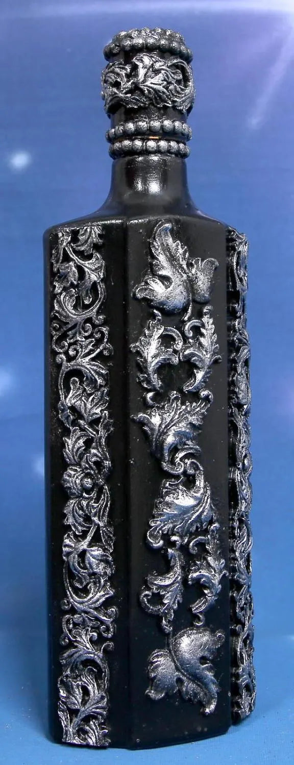 Gothic Baroque Decorated Bottle - Black & Silver Handcrafted Art