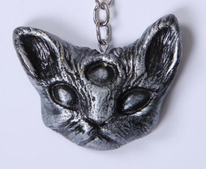 Three-Eyed Cat Keychain - Mystical Black & Silver Resin Charm