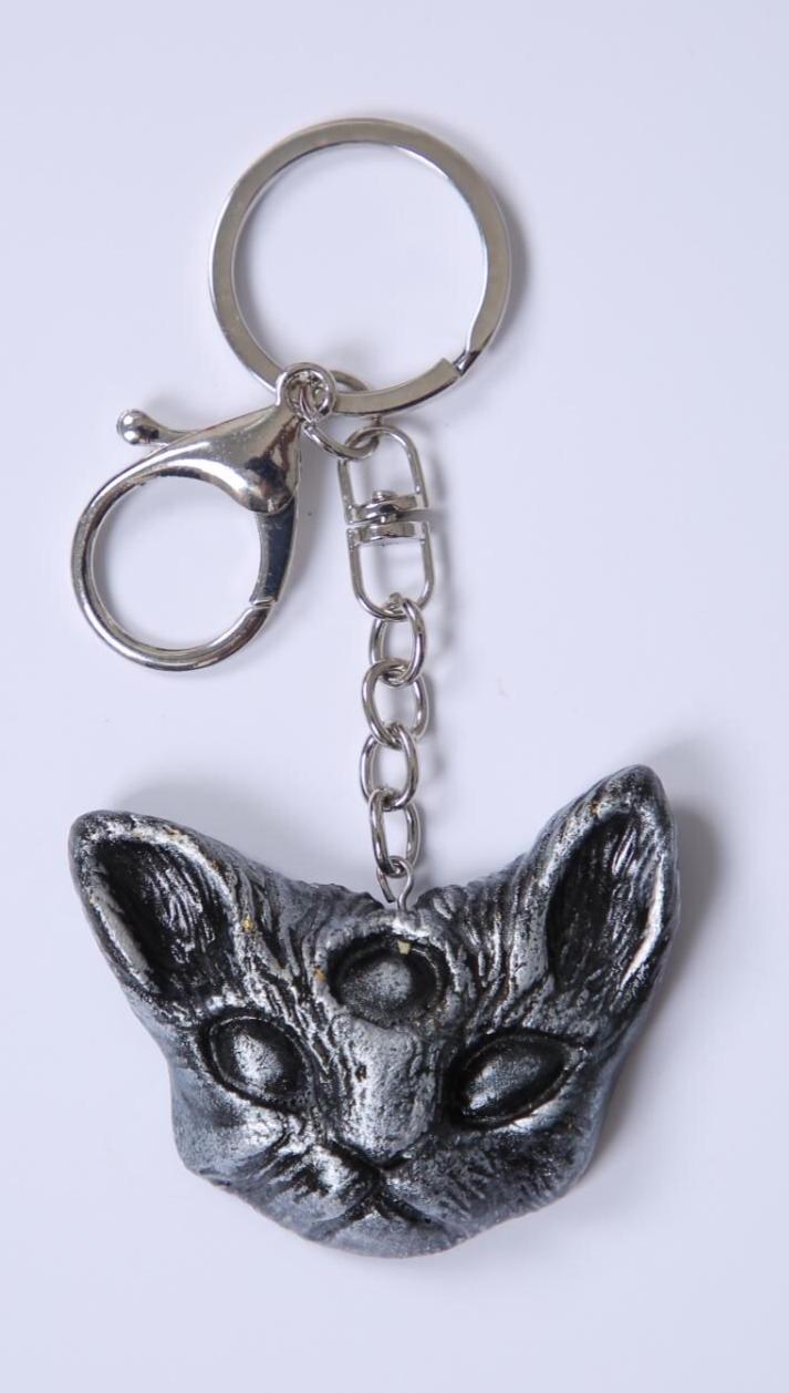 Three-Eyed Cat Keychain - Mystical Black & Silver Resin Charm