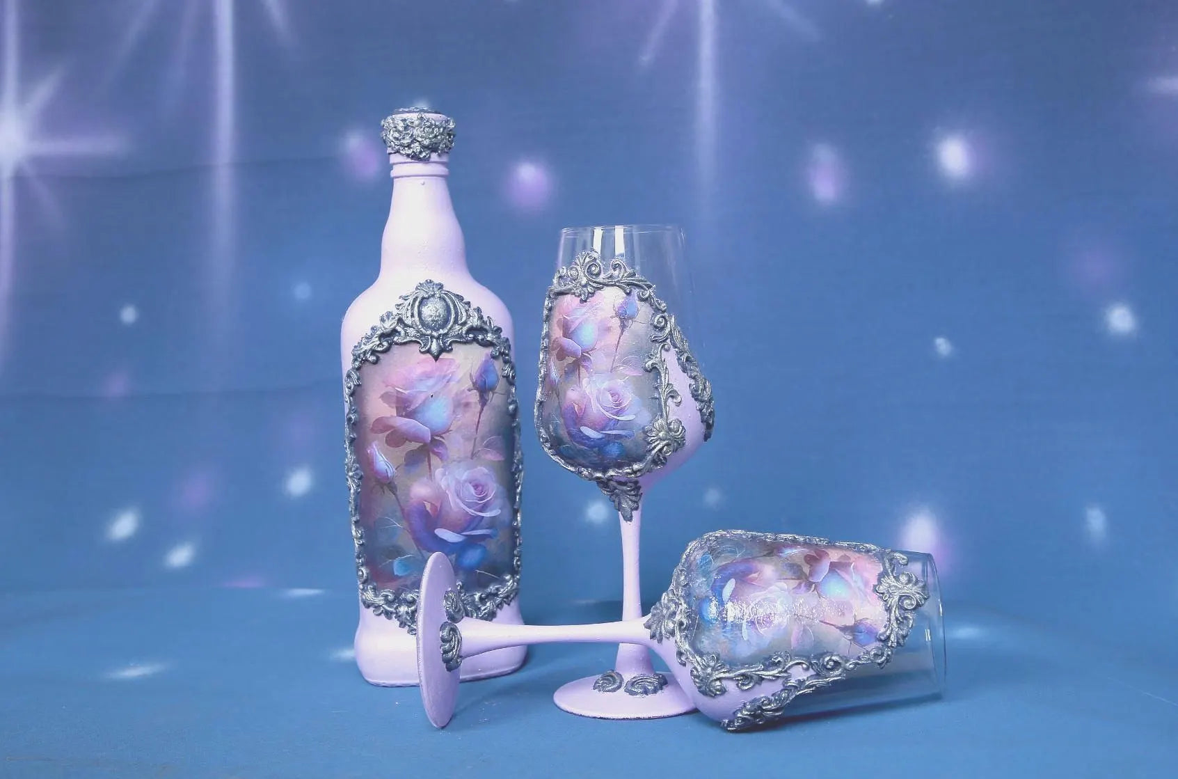 Luxury Wine Set - Roses in Blue-Purple Palette