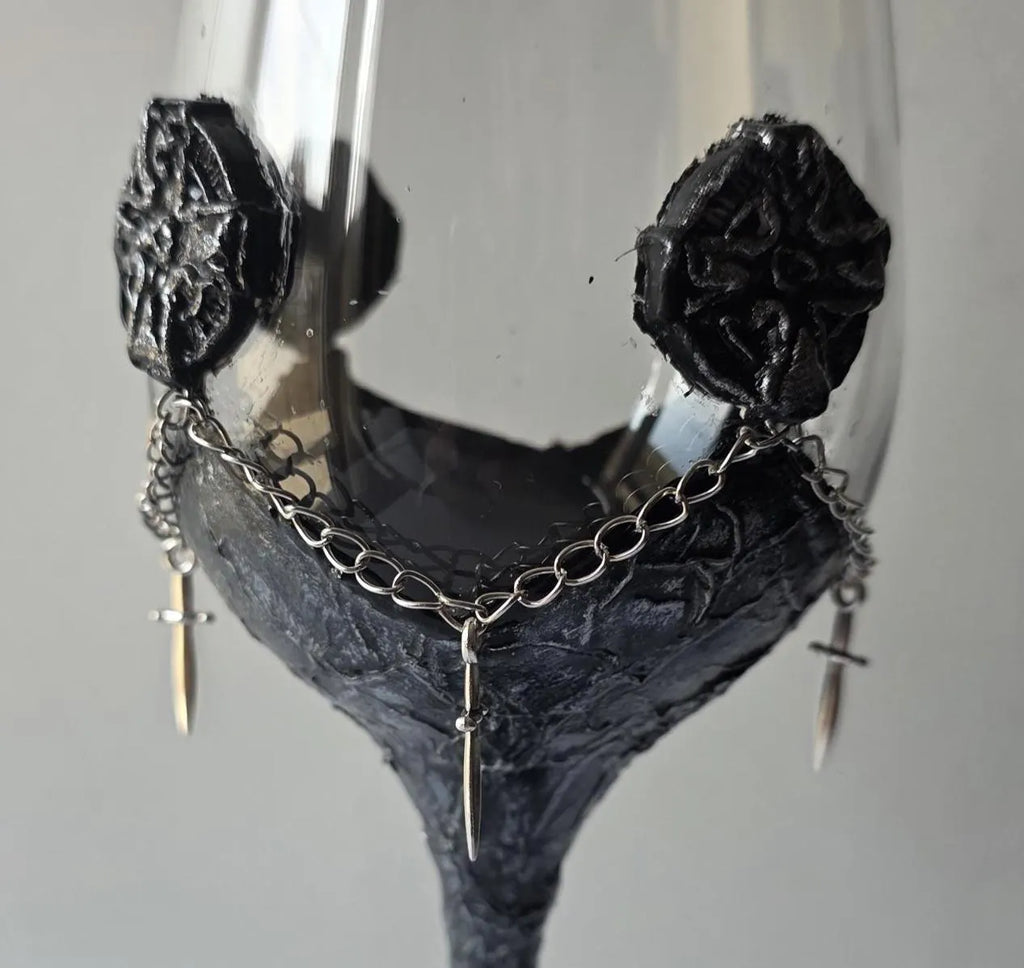 Gothic Ritual Wine Glass - Celtic Knots & Swords with Silver Chains
