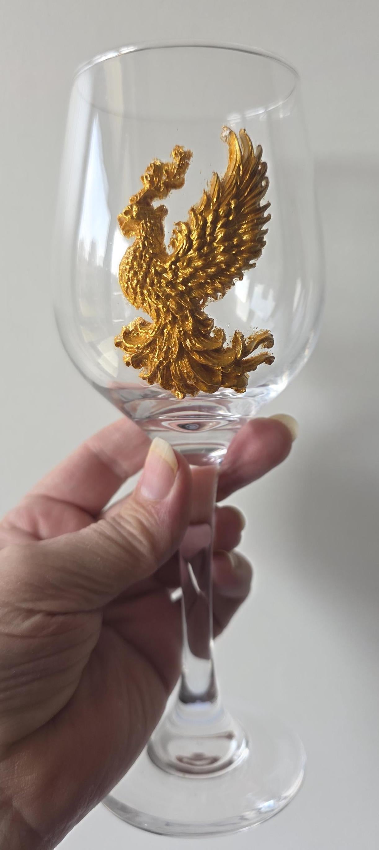 Golden Phoenix Wine Glass - Hand-Decorated Gothic Wine Glass 370ml