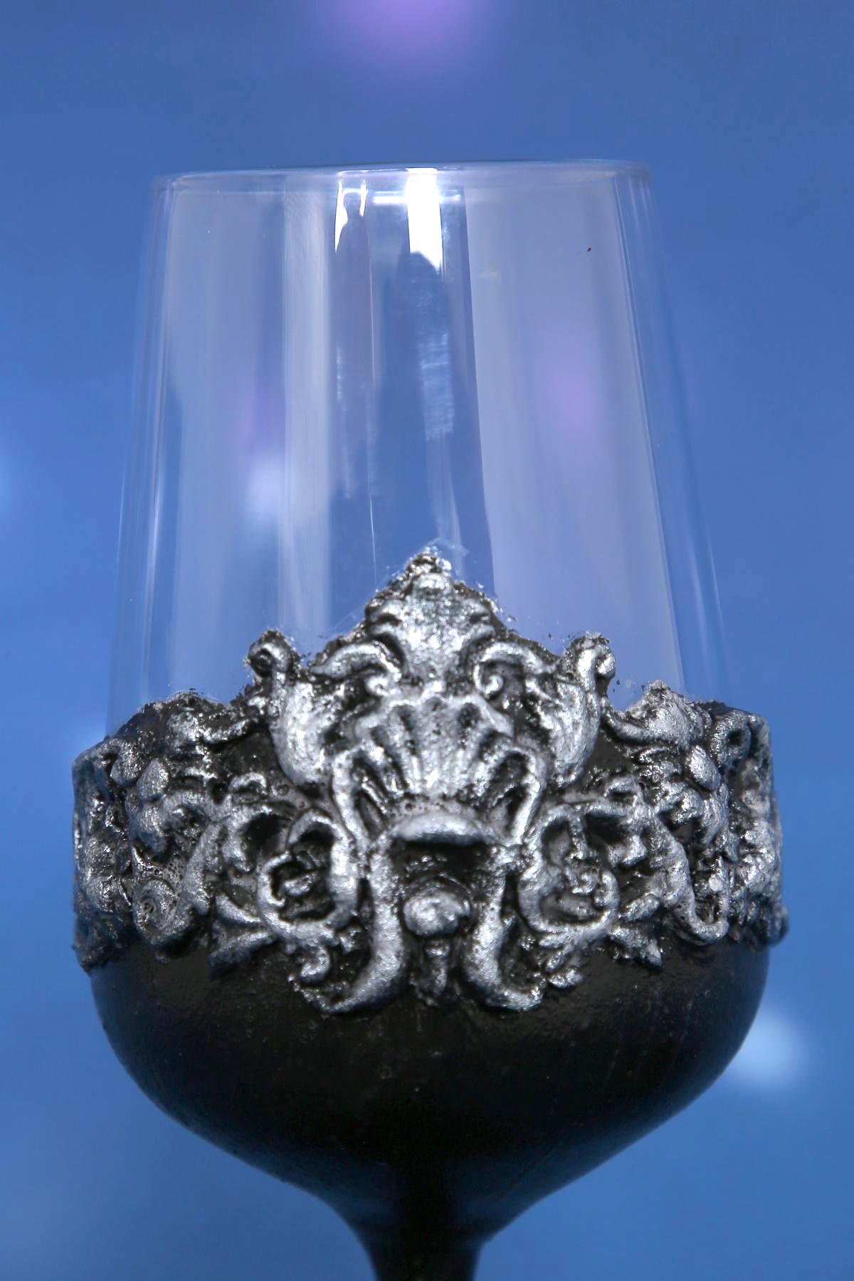 Handcrafted Gothic Baroque Wine Glasses Set of 2 - Black & Silver Decor