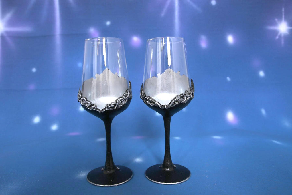 Handcrafted Gothic Baroque Wine Glasses Set of 2 - Black & Silver Decor
