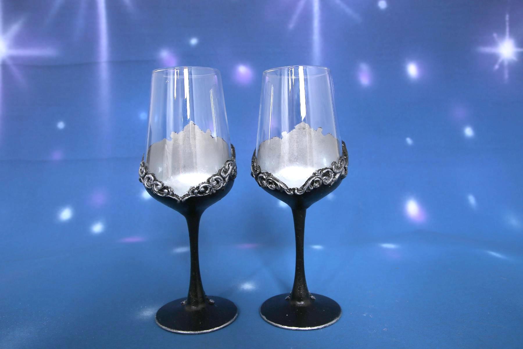 Handcrafted Gothic Baroque Wine Glasses Set of 2 - Black & Silver Decor