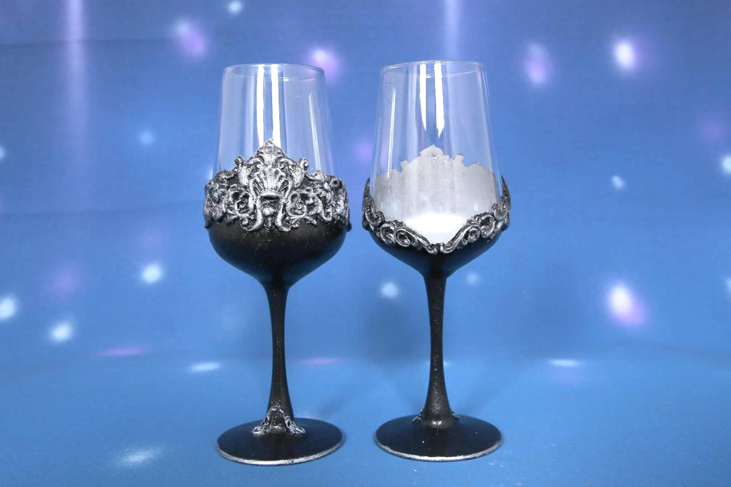 Handcrafted Gothic Baroque Wine Glasses Set of 2 - Black & Silver Decor