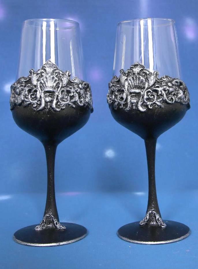 Handcrafted Gothic Baroque Wine Glasses Set of 2 - Black & Silver Decor