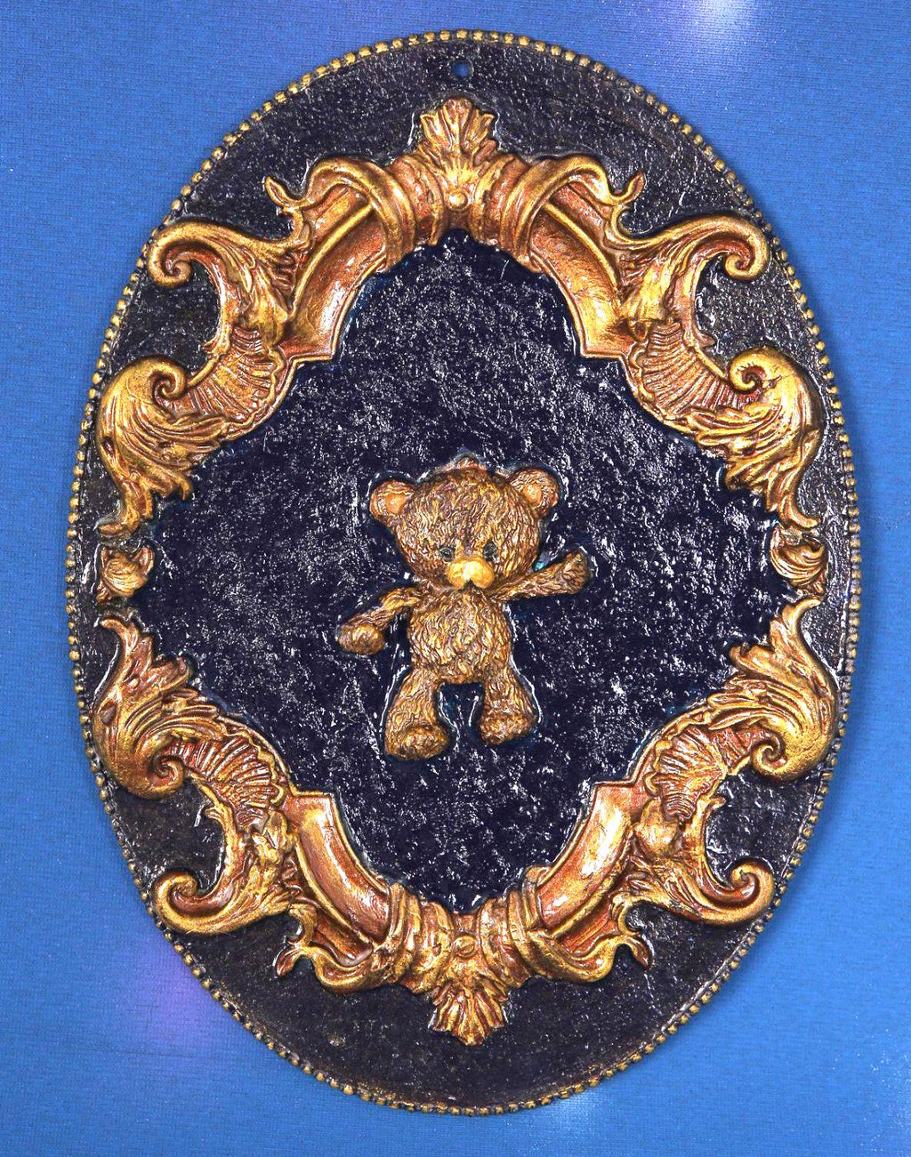 Gothic Baroque Wall Panel with Teddy Bear - Handmade Air Dry Clay Art