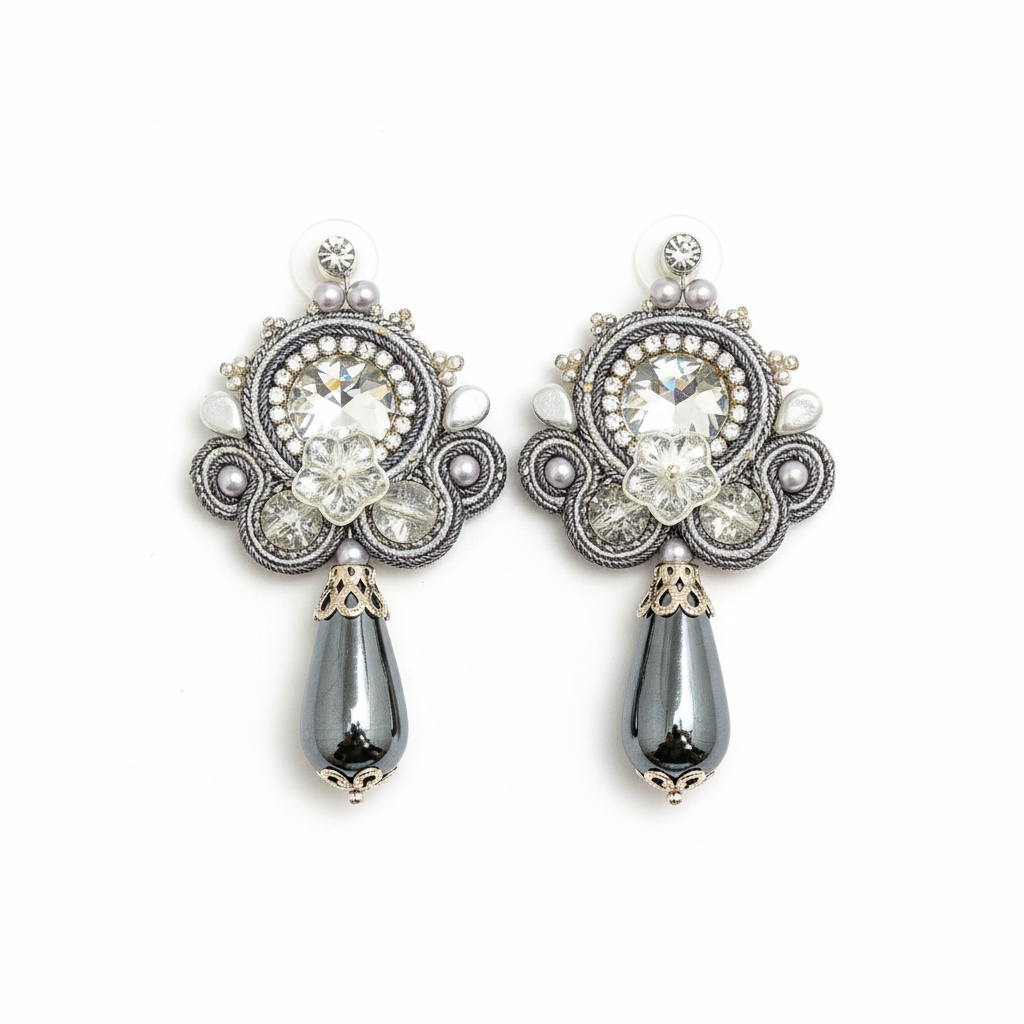 Silver soutache earrings with black drops - professional product photo