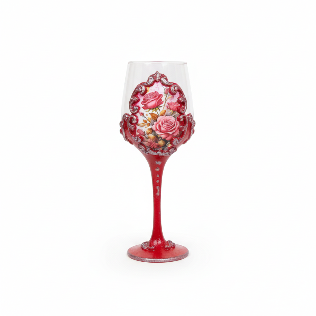 Red rose decoupage wine glass on white background - product photography