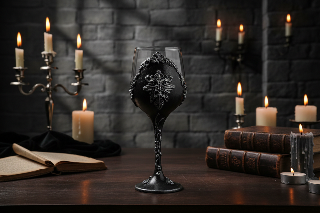 Gothic Wine Glass in Atmospheric Candlelit Setting