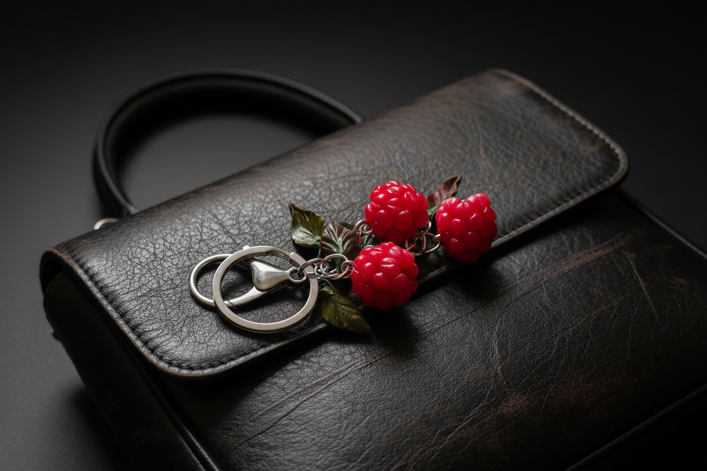 Raspberry keychain styled on a leather handbag