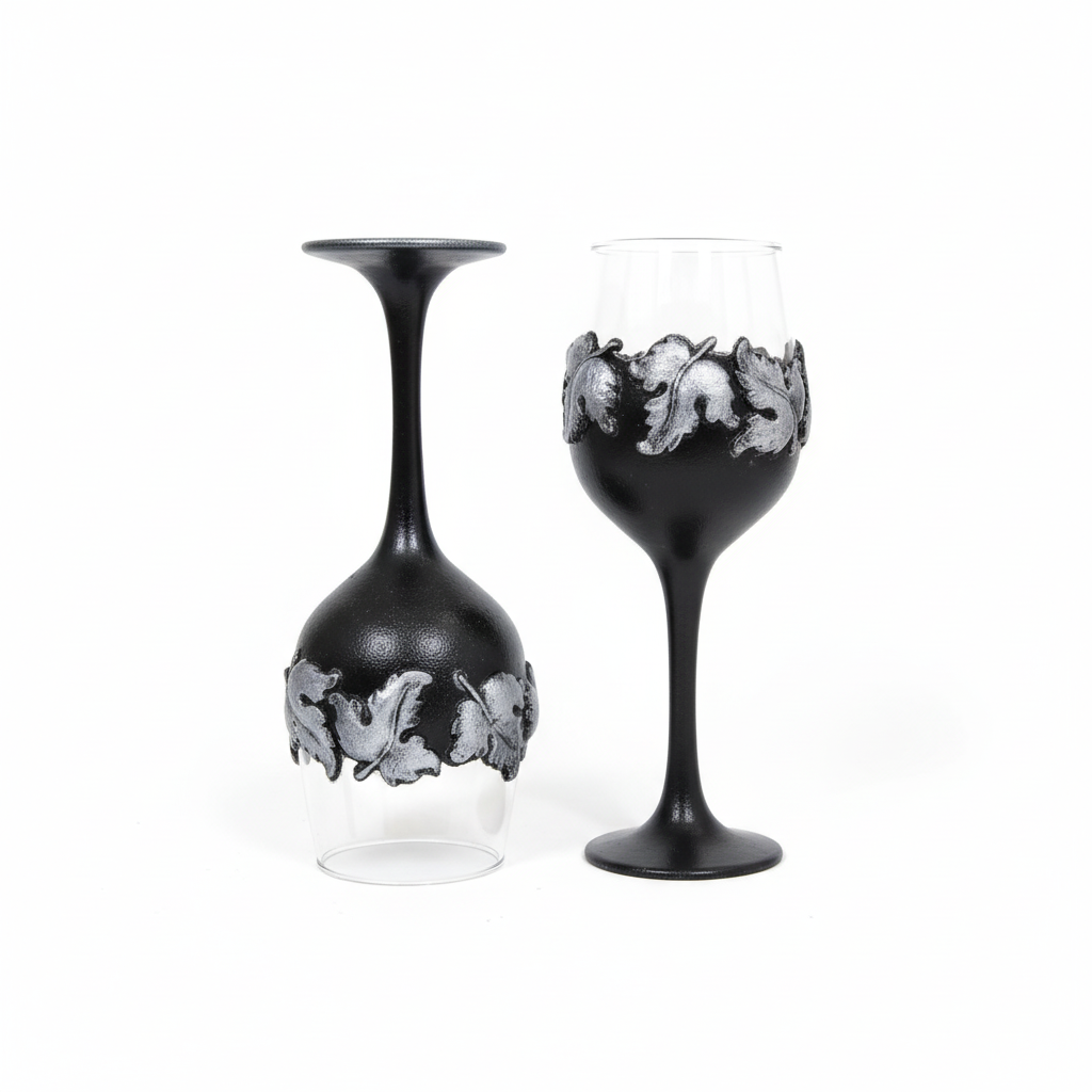 Black wine glasses with silver ornaments on white background