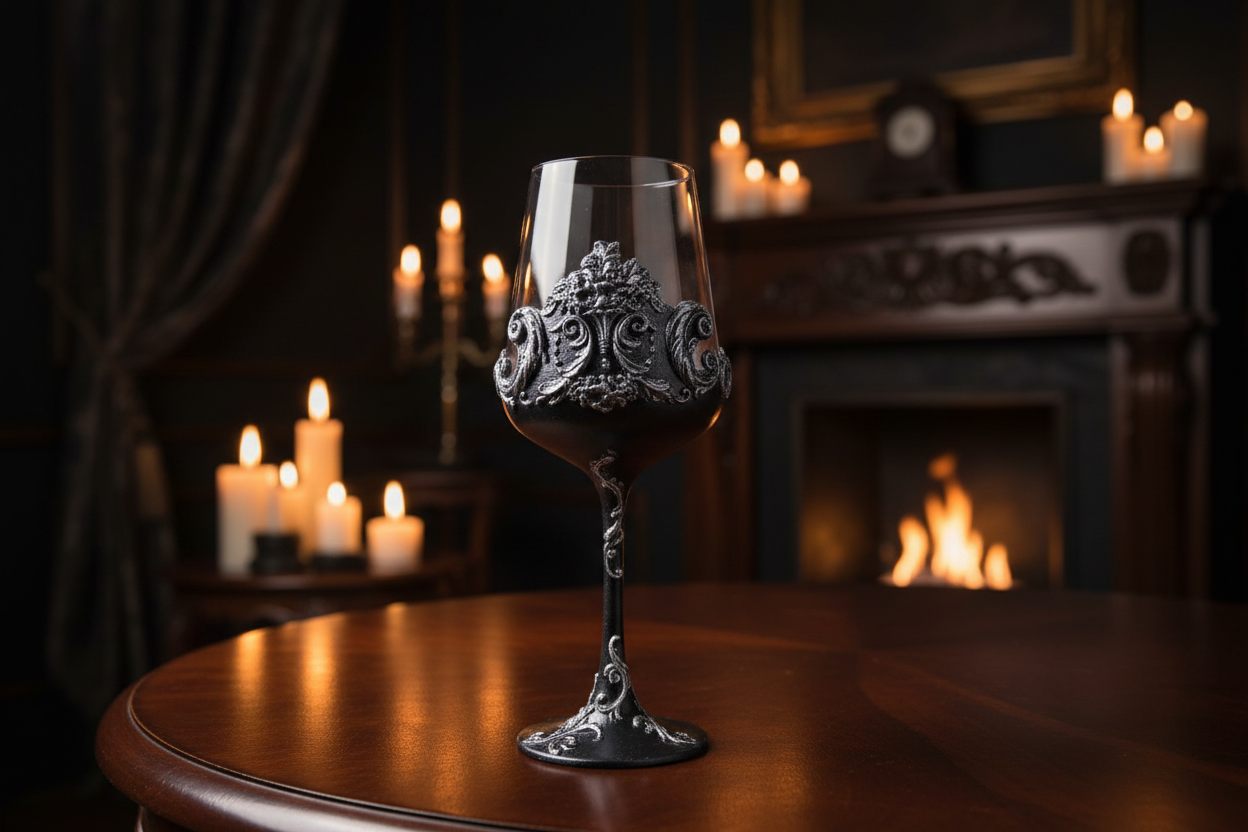 Gothic black and silver wine glass in moody candlelit interior