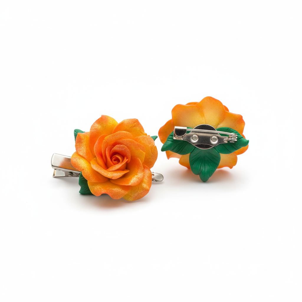 Orange rose hair clip and brooch - 2-in-1 polymer clay flower on white background