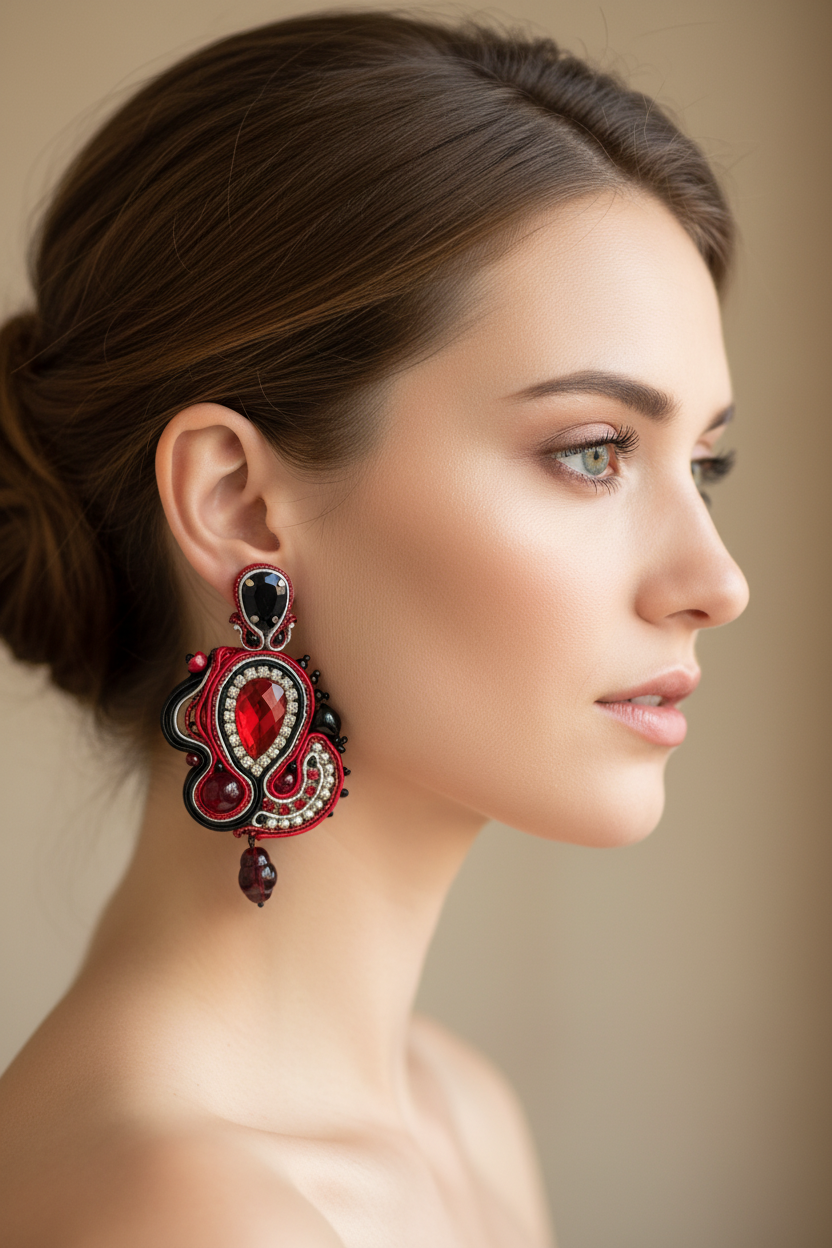 Red soutache earrings worn on ear