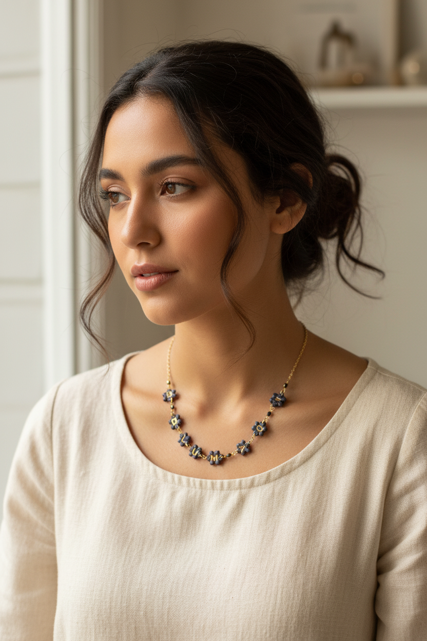 Personalized name necklace worn on woman