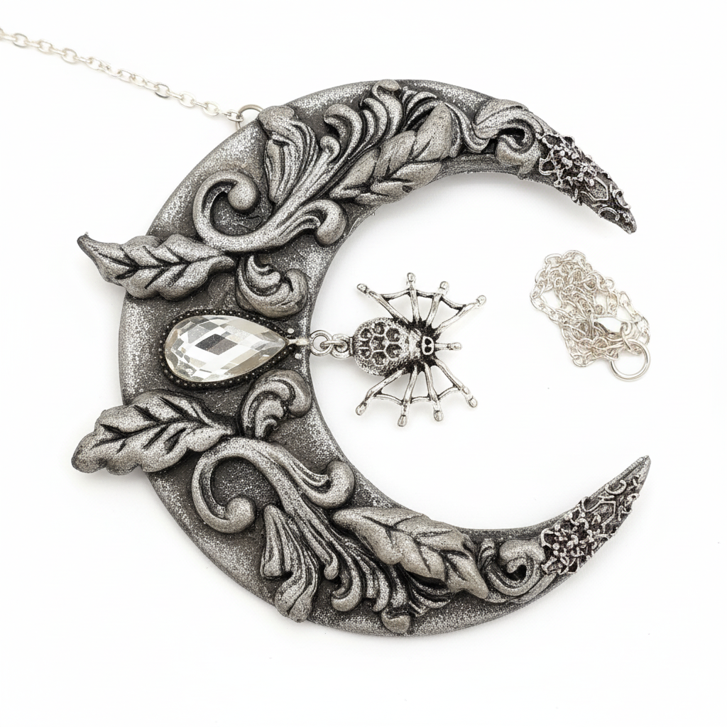 Gothic moon necklace - handmade polymer clay with crystal and spider on white background