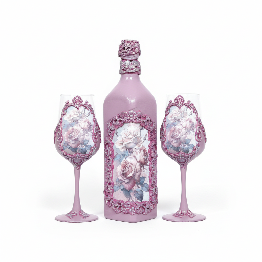 Rose wine set on white background - bottle and glasses