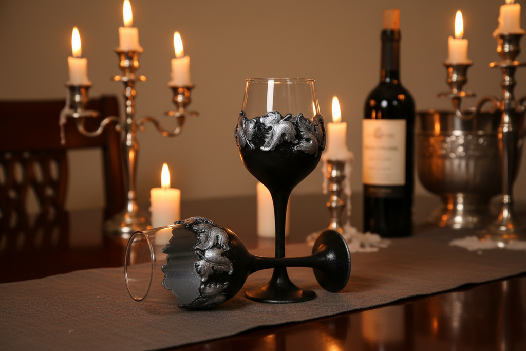 Gothic wine glasses in elegant lifestyle setting