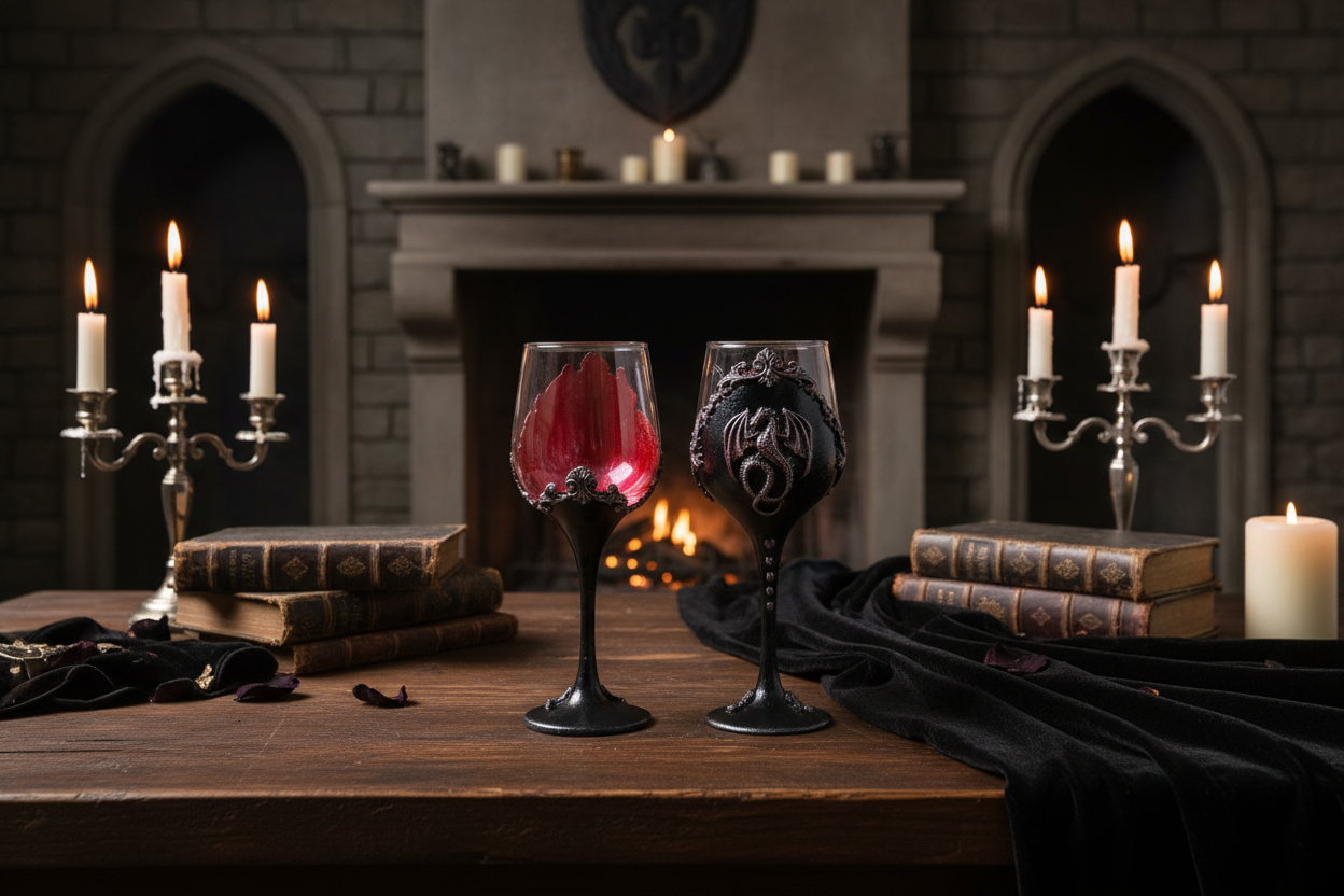 Gothic Dragon Wine Glasses in Atmospheric Candlelit Setting