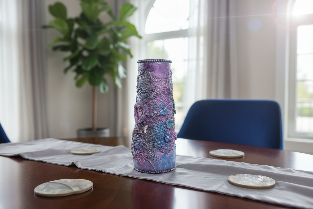 Purple blue ombre vase displayed in elegant dreamy interior