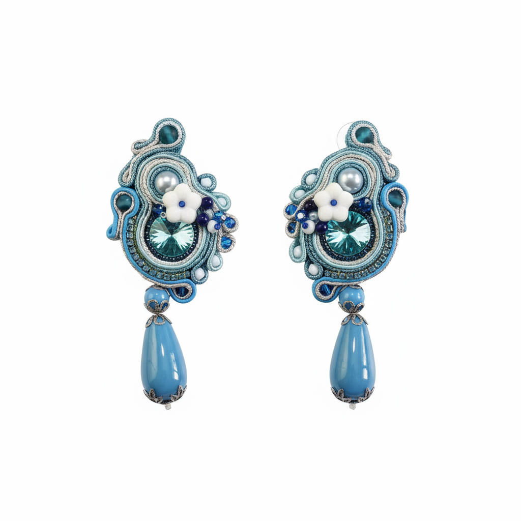 Blue and silver soutache earrings white background