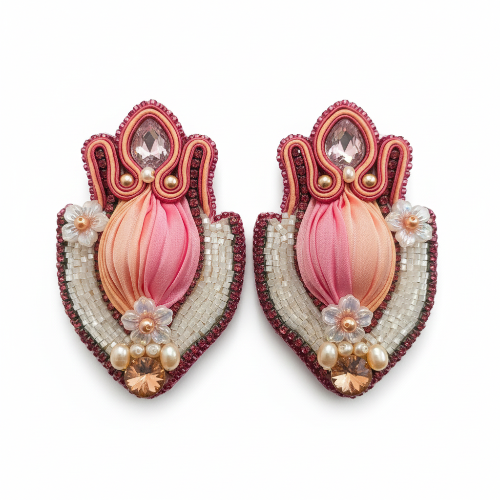 Pink lotus earrings on white background