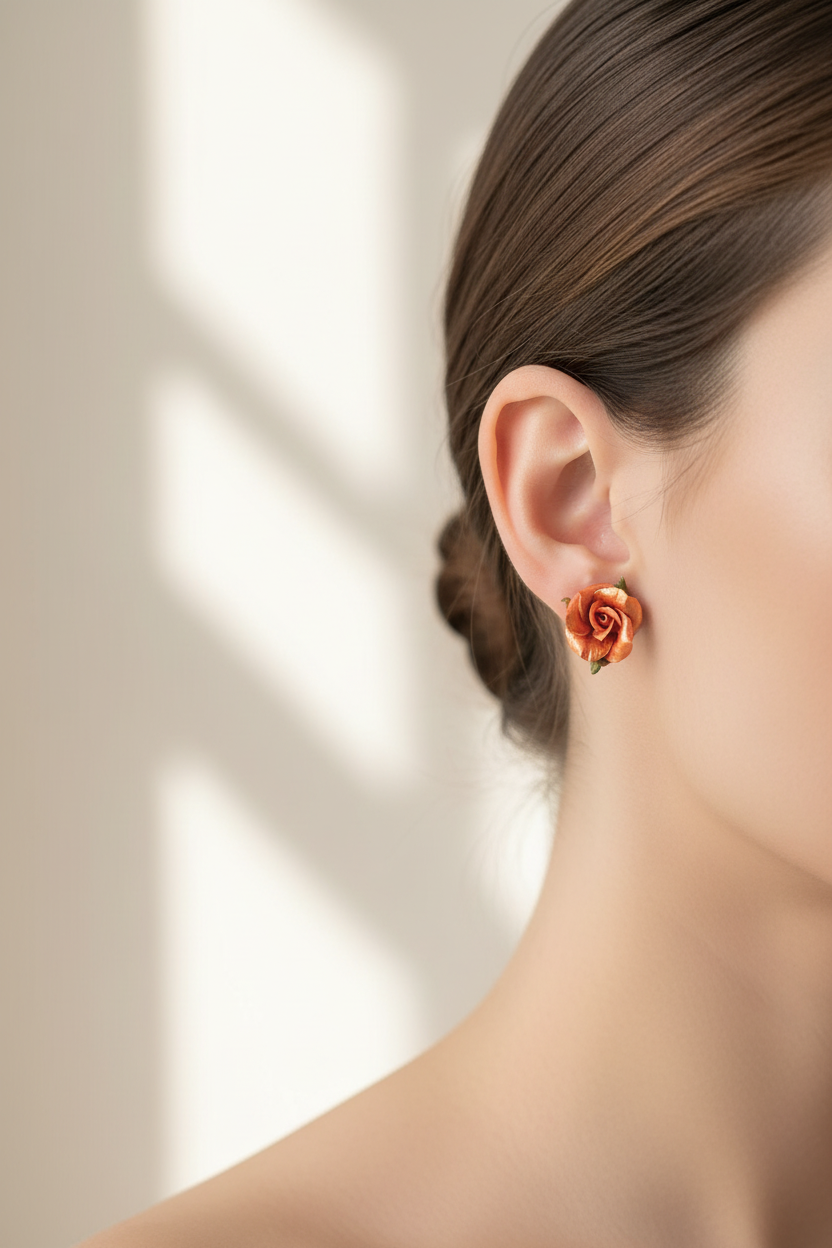Orange rose stud earrings worn - lifestyle photo showing delicate polymer clay flowers