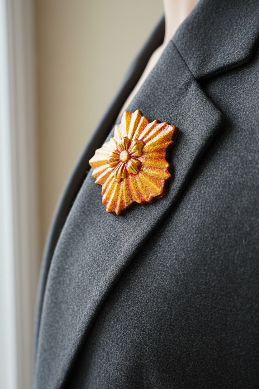 Orange gold flower brooch lifestyle - Lady Dimitrescu inspired gaming jewelry