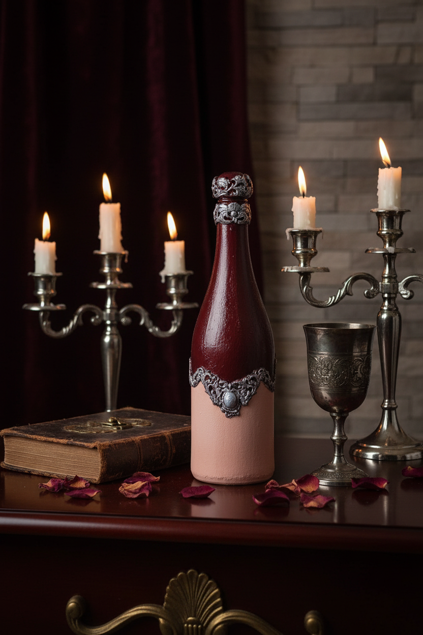 Gothic wine bottle with baroque ornaments in styled setting