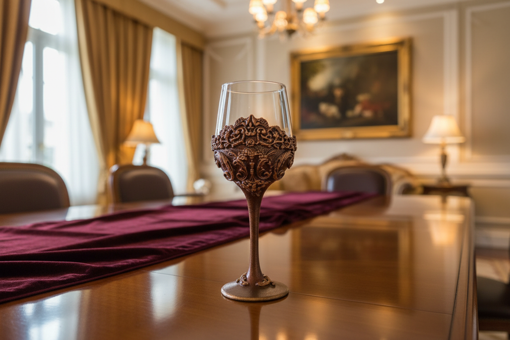 Luxury bronze baroque wine glass displayed in elegant interior setting