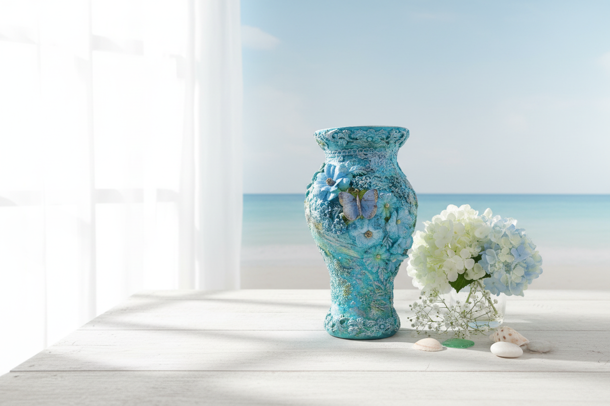 Turquoise Blue Butterfly Vase in Coastal Inspired Setting