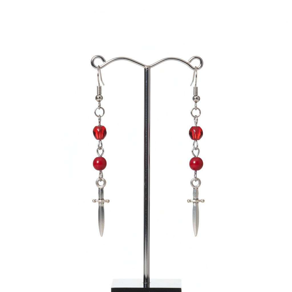 Gothic red dagger earrings - Daniela Dimitrescu inspired on white background