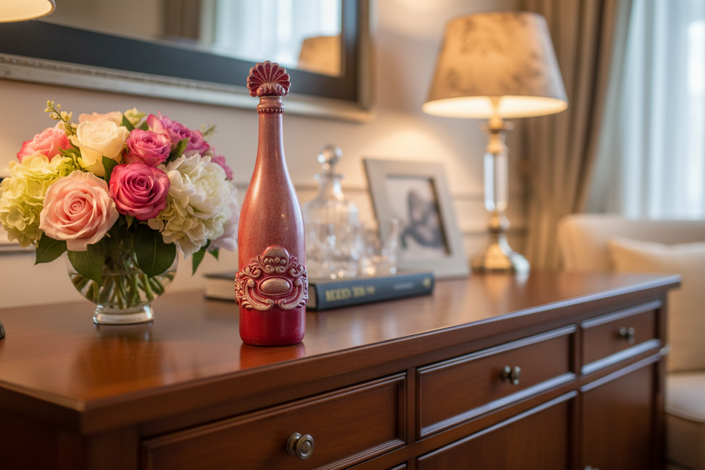 Pink crackle wine bottle displayed in elegant home interior