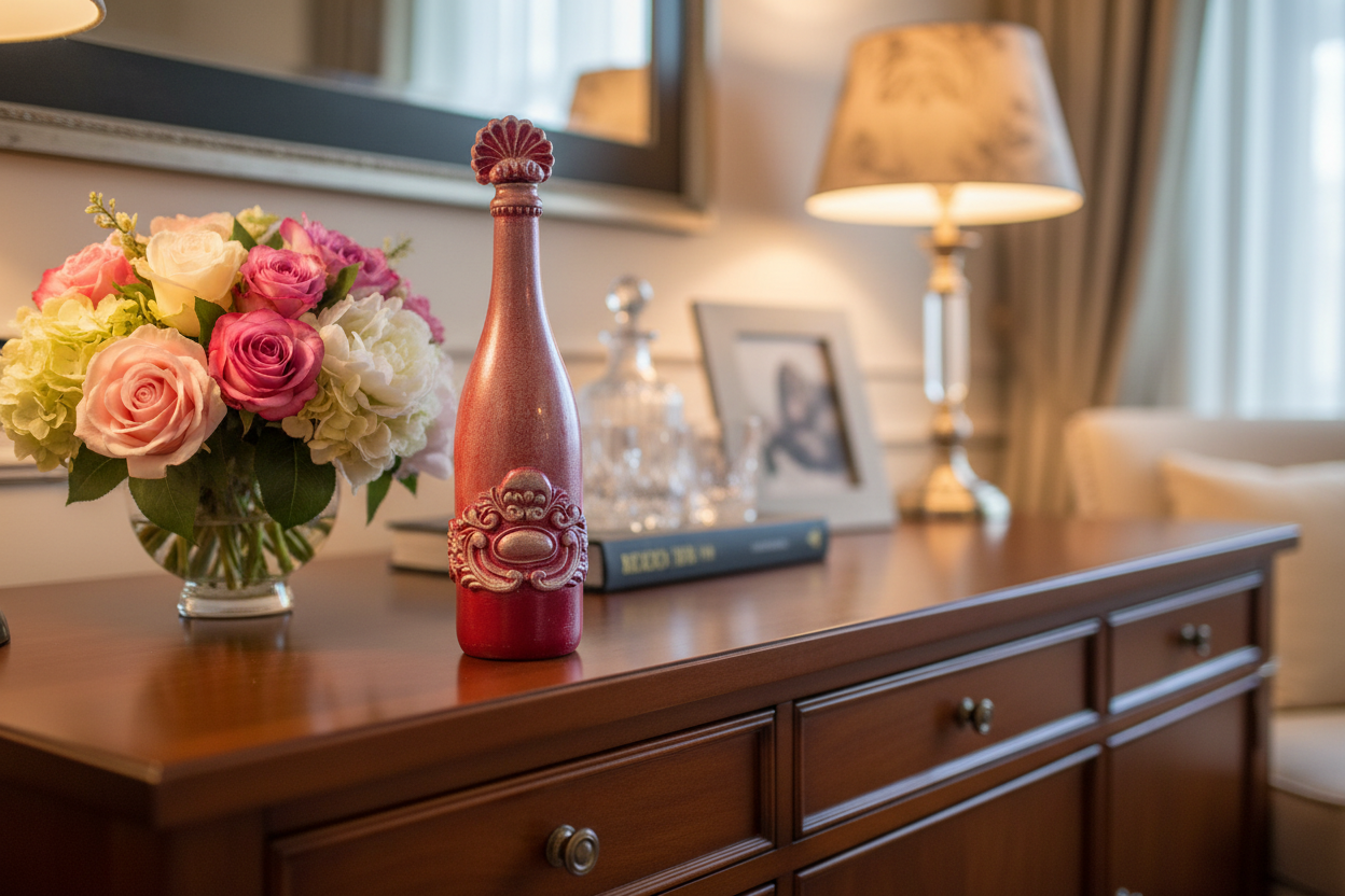 Pink crackle wine bottle displayed in elegant home interior