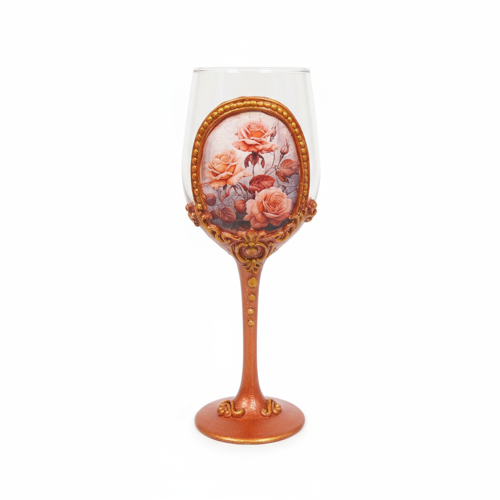 Copper-bronze rose wine glass on white background - product photography