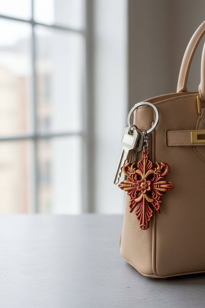 RE Village cross keychain lifestyle - showing ornate gothic design