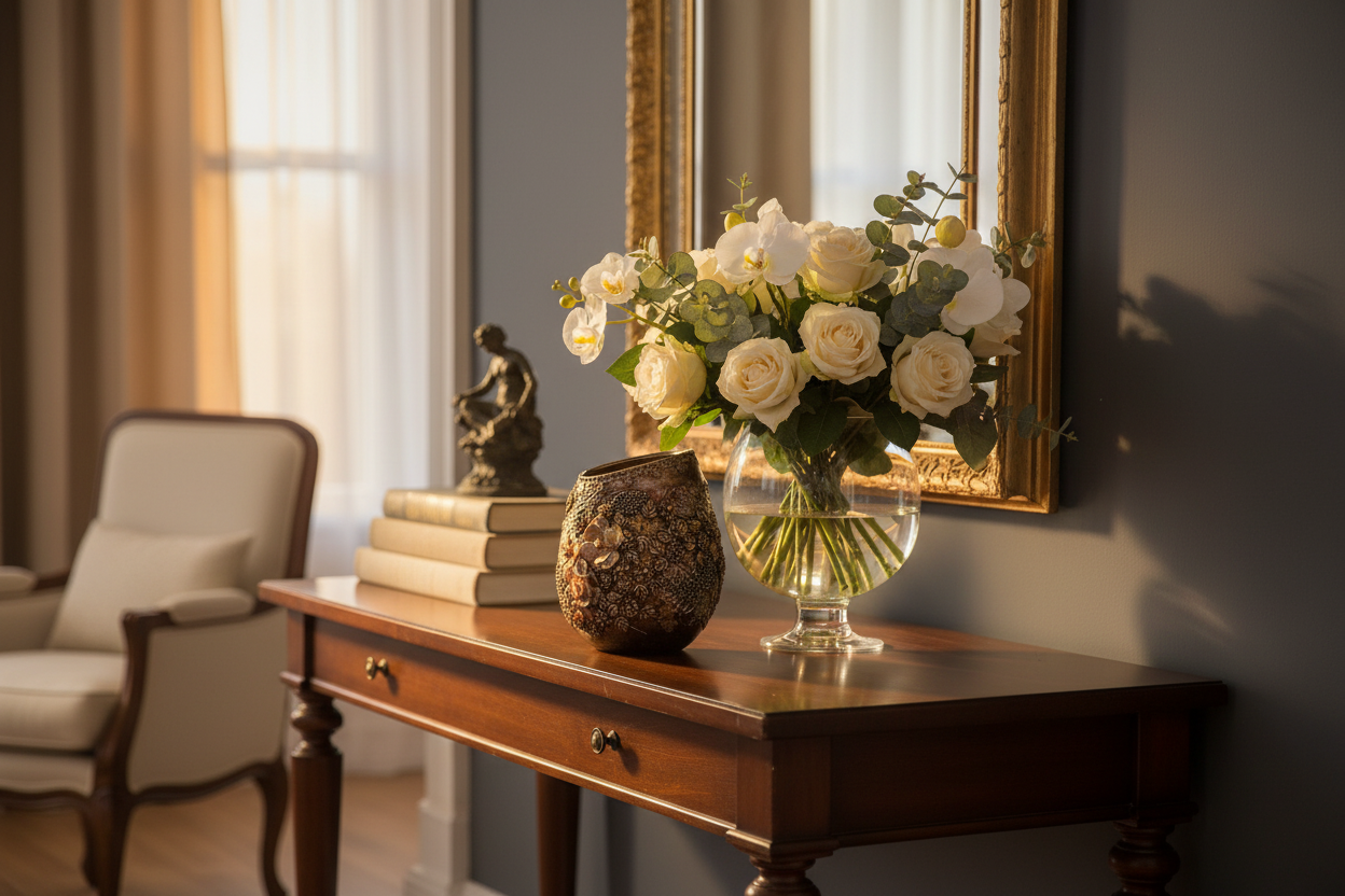 Golden garden vase in elegant home setting