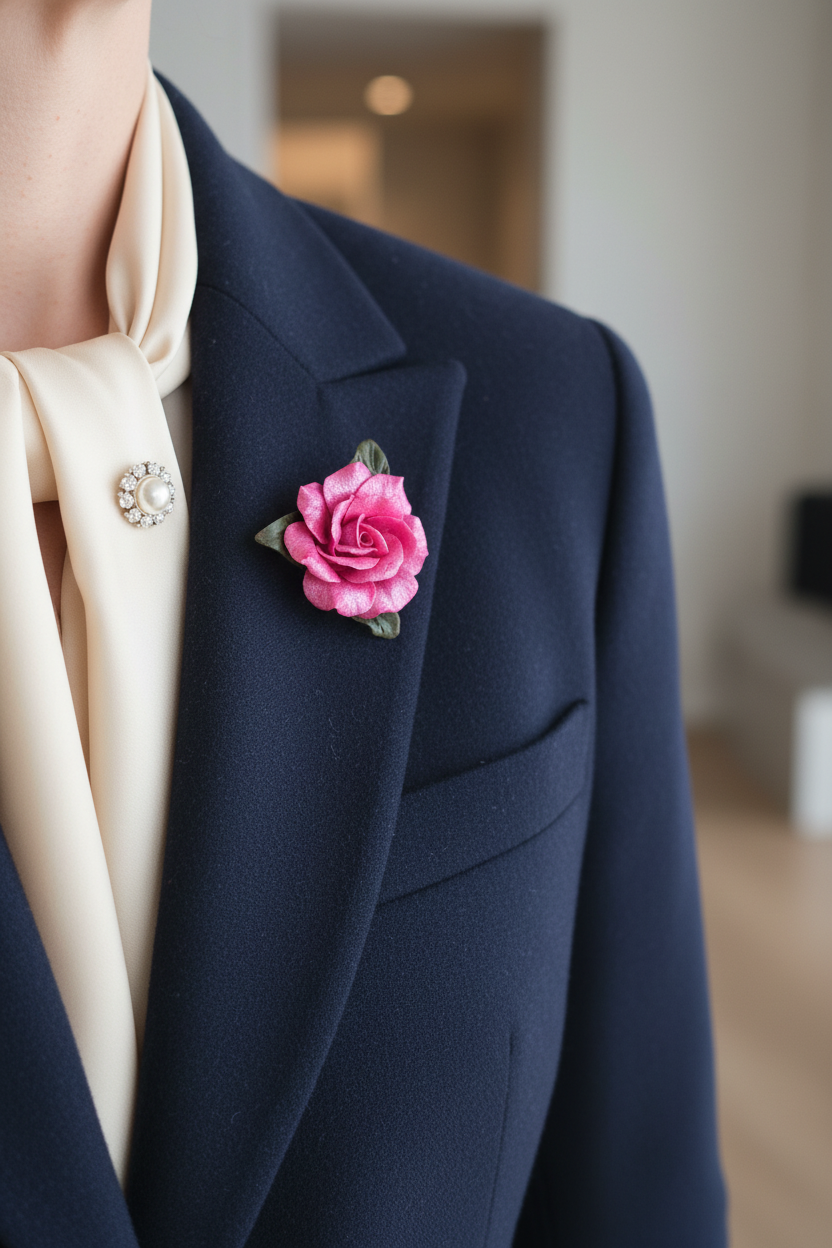 Pink rose brooch worn on clothing - lifestyle photo showing elegant accessory